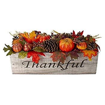【公式】Northlight 24インチ 秋の収穫 カエデの葉とベリーアレンジメント 感謝のこもった素朴な木製ボックスセンターピース