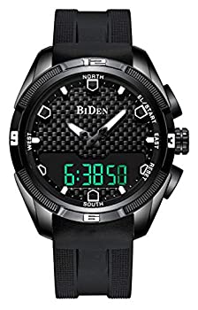 メンズ ブラック スポーツウォッチ LED デュアルディスプレイ ショック ゴム クォーツ ファッション 防水 腕時計 46mm ブラック