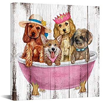 【輸入品・未使用】Nachic Wall 面白い動物のウォールアート 絵画 ファッション子犬 浴槽の絵プリント キャンバスに印刷 動物ペットポスター 壁装飾 浴室用 枠張り