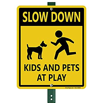 新色追加 SmartSign "Slow Down - Kids And Pets At Play" LawnBoss?サイン | 10インチ x 12インチ アルミニウムサイン 3フィートの杭付き