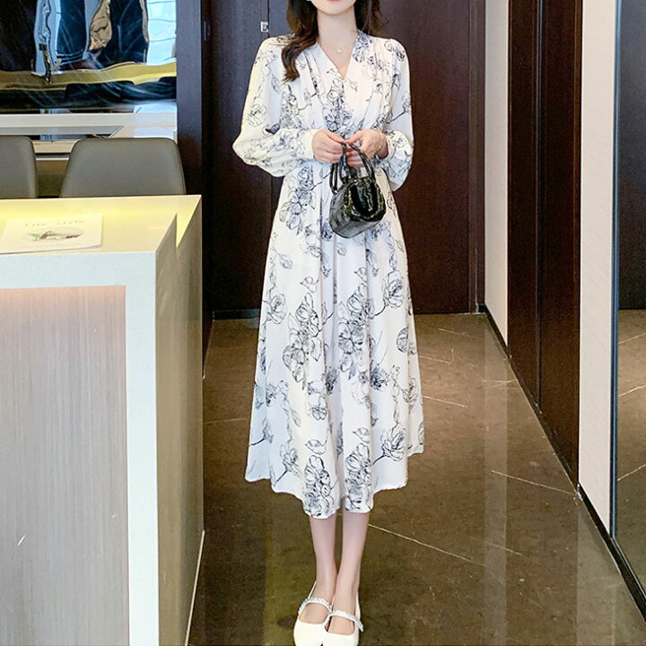 楽天市場】花柄 ロング Vネック ワンピース 長袖 フレア ミモレ 