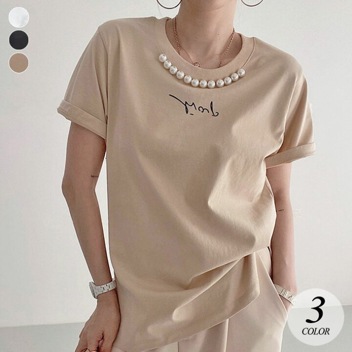 楽天市場】パール付き ロゴ 半袖 Tシャツ トップス カットソー クルー 