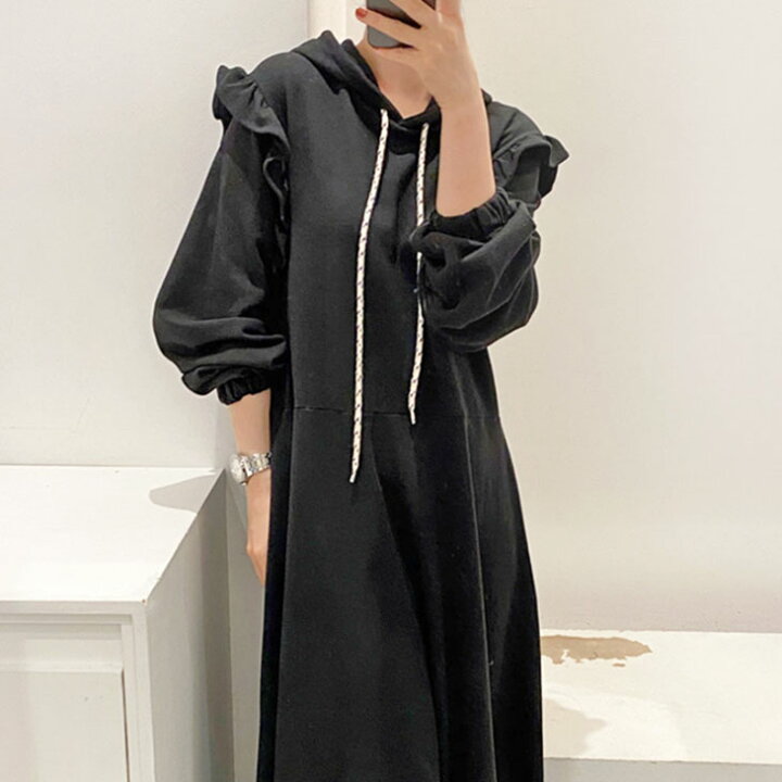 楽天市場】ロングワンピース スウェットワンピース 長袖 フード付き 