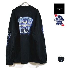 HUF ハフ × Pabst Blue Ribbon パブストブルーリボン コラボ LIGHTENING 長袖 Tシャツ メンズ 【 送料無料 】 hufworldwide プリント ロングスリーブ ロンT ストリート系 ファッション ブランド スケーター アパレル スケートボード 黒 ブラック