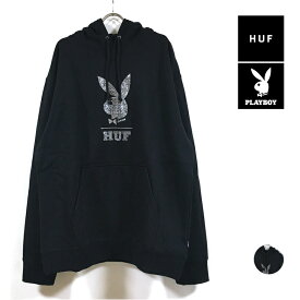 HUF ハフ × PLAYBOY プレイボーイ コラボ RHINESTONE P/O HOODIE パーカー 長袖 裏起毛 メンズ 【 送料無料 】 hufworldwide ロゴ ラインストーン フード スウェット トレーナー ストリート系 ファッション スケーター アパレル ブランド 黒 ブラック M L XL USサイズ