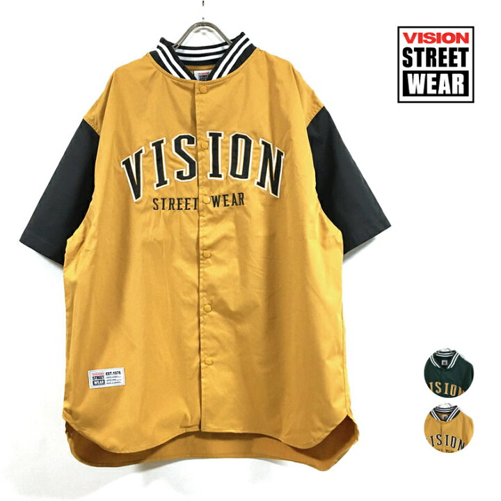 楽天市場 Vision Street Wear ヴィジョンストリートウェア カレッジ ビッグシルエット スタジャン 半袖 メンズ 送料無料 ロゴ 刺繍 オーバーサイズ スタジアム シャツ スポーツ ストリート系 ファッション スケーター ブランド 緑 グリーン マスタード M L Xl Slab