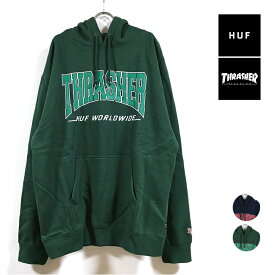 HUF ハフ × THRASHER スラッシャー コラボ BAYVIEW PO HOODIE パーカー 長袖 裏起毛 メンズ 【 送料無料 】 hufworldwide ロゴ プリント 刺繍 フーディー スウェット トレーナー ストリート系 スケーター ファッション ネイビー グリーン M L XL USサイズ