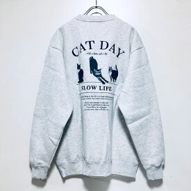 【 アウトレット 】 裏起毛 CAT バックプリント クルーネック 長袖 メンズ 【 送料無料 】 猫 ネコ キャット ルーズ 刺繍 ストリート系 アニマル ファッション オートミール ブラック M L オーバーサイズ