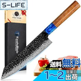 KyushuBlade 包丁 剣型（切付型）牛刀包丁 ダマスカス包丁 刃渡り210mm. プロ用三徳包丁, キッチン用万能包丁. 手打ち鍛造シェフナイフ, 槌目 ダマスカス模様 両刃包丁 左利き用, 錆びにくい67層の高炭素ステンレス鋼 料理包丁. 人間工学に基づいた八角形のローズウッド