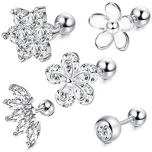 【送料無料】MOBOTECH【5個入り 片耳用ピアス】16G(1.2mm)ボディピアス 軟骨ピアス 片耳用 レディース お花 ボール ピアス トラガス ジルコニア サージカルステンレス製 低アレルギー性