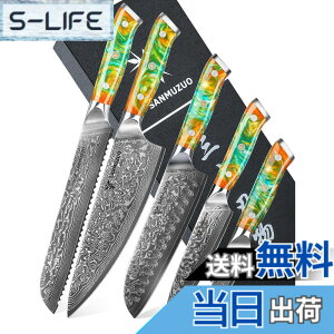 �y���������zSANMUZUO Chef Cooking Knives Set- Kitchen Knife Set of 5 Piece - Ultra-Sharp VG10 Damascus Steel & Resin Handle - Xuan Series (Fantasy Orange)