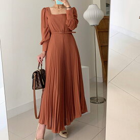 【11/8！クーポンで3,620円】 ワンピース パフスリーブ ロング プリーツ レディース 同色ベルト付き スカート シフォン マキシ丈 結婚式 お呼ばれ パーティドレス 二次会 ボリューム袖 20代 30代 40代 50代 ブラック オレンジ 無地 長袖 アコーディオンプリーツ