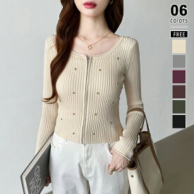 【1/21！クーポンで1,990円】 ダブルジップ ニット リブニット 長袖 トップス ショート カーディガン レディース スタッズ ニットトップス ジップ ジップアップ ショート丈 リブ 羽織 ショートトップス クロップド ニットカーディガン 暖かい 秋冬 春 秋 冬 cocomomo
