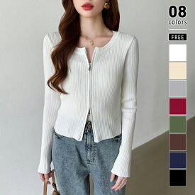 【12/17！クーポンで1,980円】 ダブルジップ ニット 長袖 トップス ショート カーディガン レディース ニットトップス ジップ ジップアップ ショート丈 リブ リブニット 羽織 ショートトップス クロップド ニットカーディガン ニットセーター 秋冬 春 秋 冬 cocomomo