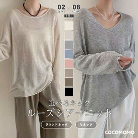 【4/13！クーポンで2,560円】 シアーニット Vネック ラウンドネック シアー トップス ニット レディース 長袖 シアートップス インナー きれいめ 透け感 ベーシック 透かし編み ゆったり ロング レイヤード ルーズ 大きいサイズ 重ね着 シンプル 春 夏 秋 冬 cocomomo