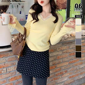 【11/16！クーポンで2,190円】 レースニット vネック ニット レース トップス レディース 長袖 袖レース 襟レース スカラップ レイヤード インナー ニットセーター きれいめ vネックニット レイヤードトップス オフィス オフィスカジュアル 秋冬 春 秋 冬 cocomomo