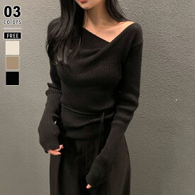 【12/5！クーポンで2,510円】 ニット イレギュラーネック リブニット レディース 長袖 トップス アシンメトリーニット アシンメトリー トップス ニットセーター ウエストマーク ひもベルト きれいめ プルオーバー オフィス オフィスカジュアル 秋冬 春 秋 冬 cocomomo
