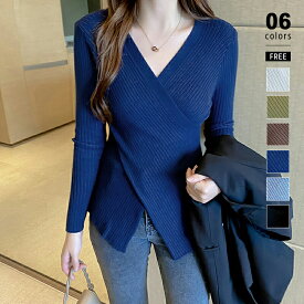 【11/13！クーポンで1,830円】 ニット カシュクール トップス セーター レディース 長袖 vネック リブニット リブ プルオーバー 無地 クロス ストレッチ タイト セクシー シンプル きれいめ 大人 上品 オフィスカジュアル 柔らかい 暖かい 秋冬 春 秋 冬 韓国 cocomomo