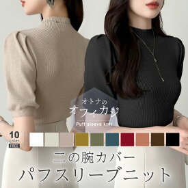 【8/5！クーポンで1,600円】 サマーニット パワショル ニット トップス レディース リブニット 半袖 五分袖 タートルネック ハイネック パフスリーブ 無地 オフィスカジュアル 上品 きれいめ 二の腕 カバー 首元 隠し uv 紫外線対策 春夏 秋冬 春 夏 秋 冬 cocomomo