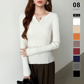 【12/17！クーポンで1,740円～】 リブニット ニット レディース キーネック 半袖 長袖 トップス 長袖ニット vネック リブ セーター ニットセーター キーネックニット ロンT フィット プルオーバー オフィスカジュアル きれいめ おしゃれ 春夏 秋冬 春 夏 秋 冬 cocomomo