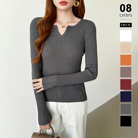 【12/17！クーポンで1,740円～】 リブニット ニット レディース キーネック 半袖 長袖 トップス 長袖ニット vネック リブ セーター ニットセーター キーネックニット ロンT フィット プルオーバー オフィスカジュアル きれいめ おしゃれ 春夏 秋冬 春 夏 秋 冬 cocomomo