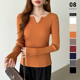【11/8！クーポンで1,740円～】 リブニット ニット レディース キーネック 半袖 長袖 トップス 長袖ニット vネック リブ セーター ニットセーター キーネックニット ロンT フィット プルオーバー オフィスカジュアル きれいめ おしゃれ 春夏 秋冬 春 夏 秋 冬 cocomomo