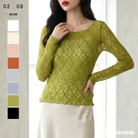 【OUTLET！クーポンで1,592円】 シアートップス レース トップス 五分袖 長袖 シアー チュール 総レース カットソー レディース 透け感 インナー 薄手 レイヤード クルーネック レーストップス 総柄 シアーインナー 重ね着 長袖レース エレガント 春夏 春 夏 cocomomo