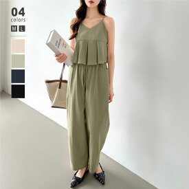 【8/18！クーポンで4,290円】 セットアップ ペプラムキャミソール ワイドパンツ ペプラムキャミ ペプラム トップス キャミソール ペプラムトップス レディース ビスチェ プルオーバー パンツ ボトムス 重ね着 涼しい 綿100％ カジュアル おしゃれ 春夏 春 夏 cocomomo