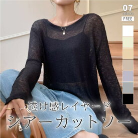 【6/4！クーポンで1,590円】 シアー トップス ロンt レディース 薄手 カットソー 長袖 ロング tシャツ シアートップス 透け感 インナー 重ね着 ラウンドネック リブ シアーカットソー シアーTシャツ ロングtシャツ 袖クシュ 体型カバー 日焼け対策 春夏 春 夏 cocomomo