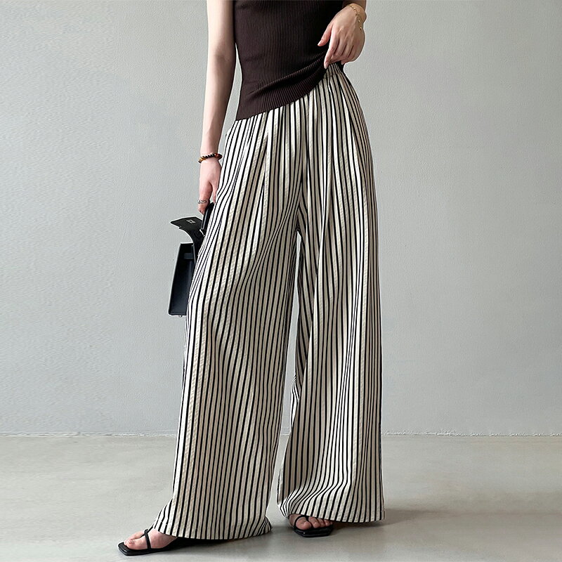 【10/3!クーポンで2,850円】 ワイドパンツ ストライプパンツ レディース ストライプ ワイド パンツ ワイドストレートパンツ ウエストゴム イージーパンツ ボトムス ストレート 柄 ゆったり 大きいサイズ 体型カバー リラックスパンツ 接触冷感 春夏 春 夏 秋 cocomomo - メイン画像 11