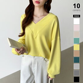 【11/16！クーポンで2,360円】 vネック カットソー トップス 長袖 レディース トレーナー きれいめ おしゃれ ゆったり 大きいサイズ 無地 プルオーバー スウェット ボリューム袖 深Vネック ドロップショルダー オーバーサイズ 袖長め 体型カバー 秋冬 春 秋 冬 cocomomo