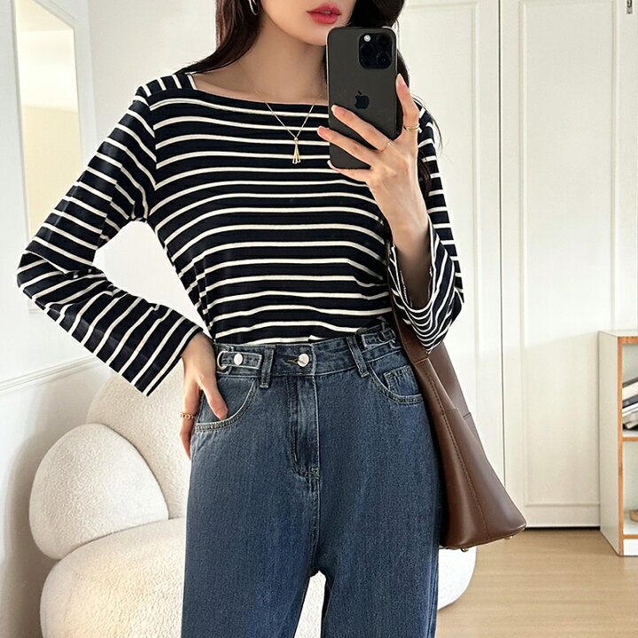 楽天市場】ボーダー カットソー 長袖 tシャツ レディース スクエア 