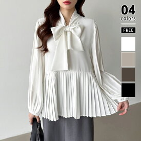 【12/17！クーポンで2,990円】 ブラウス ボウタイ リボン 長袖 プリーツ ボウタイブラウス フォーマル ペプラム ボウタイリボン レディース きれいめ トップス リボンブラウス バルーンスリーブ 大人 セレモニー プリーツブラウス オフィス 春 夏 秋 冬 cocomomo