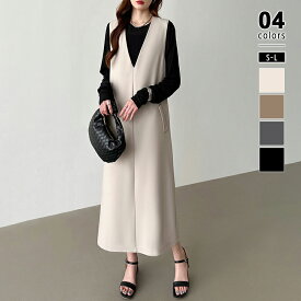 【1/21！クーポンで4,360円】 ワンピース Vネック ジャンパースカート レディース きれいめ ノースリーブ Vネックワンピース ポケット付き ロング ロングワンピース ジャンスカ ツイル スリット ジャンパースカートワンピース オフィスカジュアル 春 夏 秋 冬 cocomomo