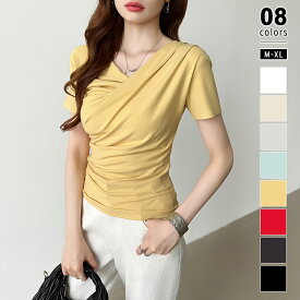 【OUTLET！クーポンで1,272円】 ドレープ カットソー オフショルダー トップス 半袖 カシュクール ドレープネック レディース きれいめ Tシャツ オフショル オフショルTシャツ ワンショルダー 肩出し リブ ワンショルダー オフィス オフィスカジュアル 春 夏 cocomomo