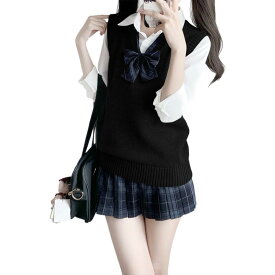 [Moerstar] ニットベスト レディース スクールベスト 女子 学生 Vネック JK 制服 通学 学院風 可愛い セーラー服 コーデ 春夏 秋冬 10色 無地 綿 コットン