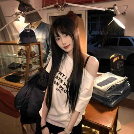 Tシャツ レディース トップス 半袖 ワンショルダー プリント かわいい 高級感 春夏 綿 軽量 吸湿速乾 伸縮性 普段使い 通勤用 体型カバー 接触冷感 麻 再生繊維 ゆったり 大きいサイズ 大きめ サイズ 体系カバー 部屋着 アウトドア ヨガ ジム