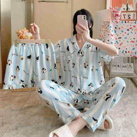 パジャマ レディース 春夏 半袖 長ズボン プリント ルームウェア セット かわいい 薄手 接触冷感 綿 吸湿速乾 高級感 普段使い 軽量 伸縮性 再生繊維 ブラック アイボリー 秋冬 体系カバー お腹周り 二の腕カバー 細見え 着痩せ 快眠 睡眠