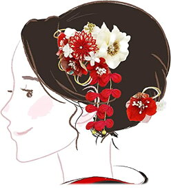 京都うさぎ堂 髪飾り 2点セット kk-352 赤 レッド ホワイト 花 かんざし ちりめん つまみ細工 コーム型 振袖 成人式 卒業式 結婚式 七五三 袴 和装
