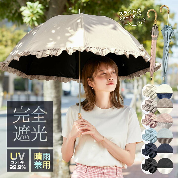 楽天市場 日傘 完全遮光 フリル 晴雨兼用 軽量 撥水 バンブー 遮光率100 遮熱 涼しい かわいい ゴルフ おしゃれ 傘 雨傘 大人 内側 黒 Uvカット 親骨50cm スロウファイン
