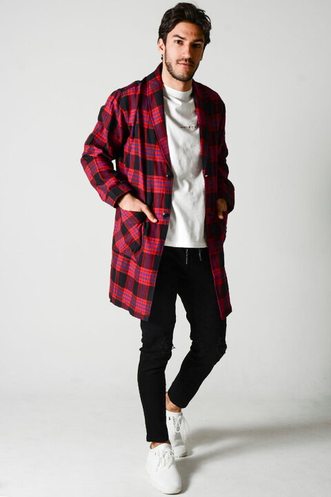 楽天市場 コート メンズ 春夏 春服 スプリングコート チェスターコート チェック 赤 ロングコート シャツコート M L Slow Gan