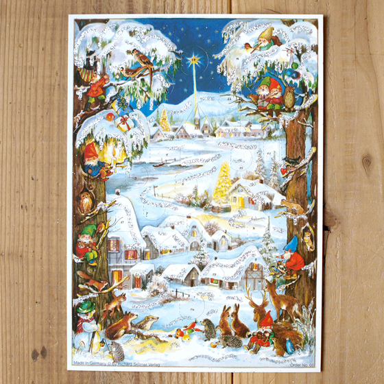 ドイツ製 クリスマス アドベントカレンダー S 森の動物と雪の積もったお家 