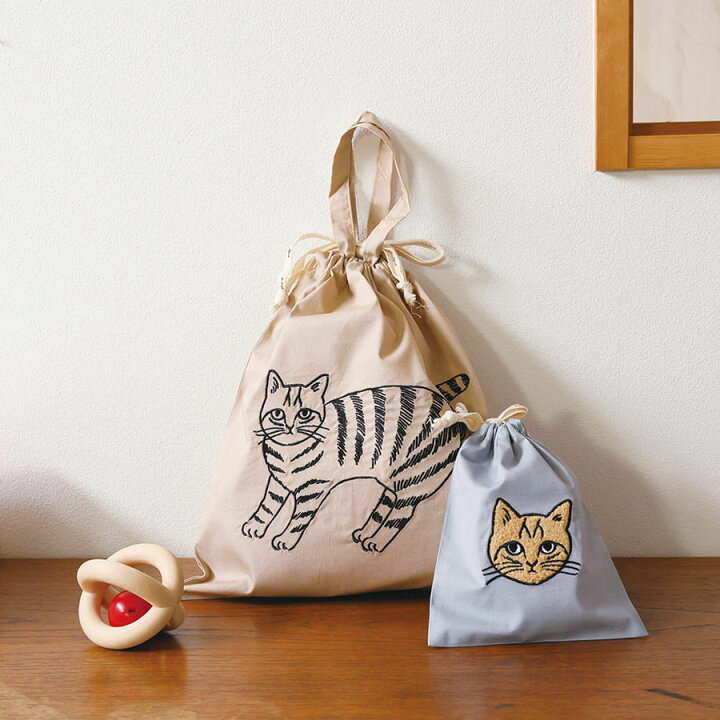 楽天市場】松尾ミユキ 刺繍入り 巾着 バッグ L 【ポーチ 猫 キャット 