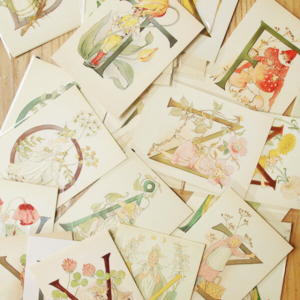 スウェーデン製 ポストカード 北欧 おしゃれ セット アート 花 かわいい 絵はがき 葉書 アルファベット   スウェーデン製 Ottilia Adelborg ポストカード2枚セット O～Z  【メール便対象品】