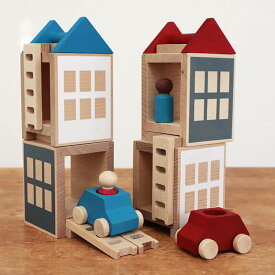 積み木 おもちゃ 木製 ままごと 人形 車 かわいい おしゃれ 知育 誕生日 スペイン lubulona ルブロナ ベーシックタウンセット レッド×ブルー