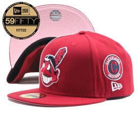 NEW ERA【ピンクバイザー★59FIFTY★左右両面のサイドパッチ】MLB Cleveland Indians ベースボールキャップ【レッド 赤】新品 ニューエラ キャップ メンズ レディース 男女兼用 クリーブランドインディアンス メジャーリーグ ヒップホップ ダンス HIP HOP【NEW YORK買付け】