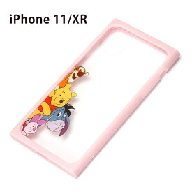 iPhone 11/XR 対応 ケース カバー 背面ケース ガラスタフケース 背面ガラス クリア 透明 スクエア型 くまのプーさん プーさん ピグレット ティガー イーヨー のぞき 四隅強化 耐衝撃 飛散防止 シンプル かわいい おしゃれ ピンク
