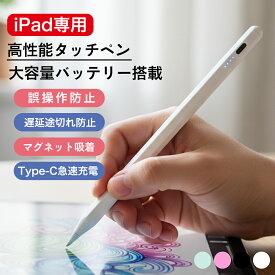 マラソン限定！DEALポイント10倍で賢くお買い物 タッチペン iPad 超高感度 ペンシル スタイラスペン 極細 Type-C充電 A16 第11世代 9876 第10世代 iPad Air Pro 12.9 11インチ 13インチ iPad mini7 Air5 Air4 mini6 磁気吸着 遅延 ズレ 誤動作防止 パームリジェクション