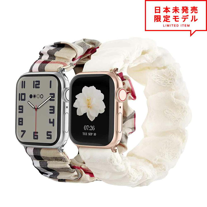 Apple Watch アップルウォッチ 7/6/5/4/3/2/1/SE 38/40/41mm 42/44/45mm 対応 ベルト バンド  シュシュ 2色セット チェック柄/ホワイトレース レディース S ブレスレット 日本未発売 SMART PARK 