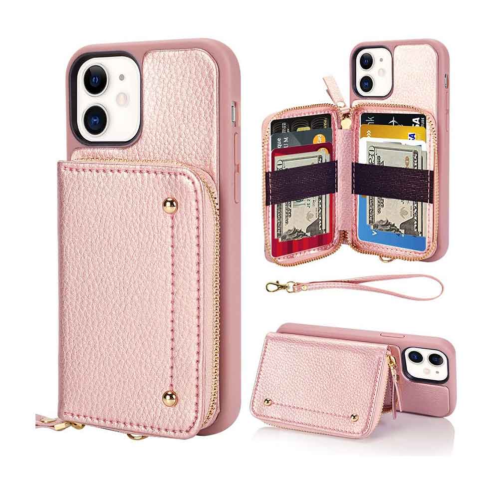 贈り物iLish アイリッシュ iPhone 12 12Pro 12ProMax 12mini カードホルダー 財布 ジップ ケース ピンク シンセティックレザー 日本未発売